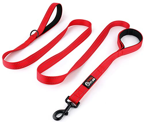 Primal Pet Gear Dog Leash 8ft Long - RED - Traffic Padded Two Handle - Heavy Duty - Double Handles Lead for Control Safety Training - Leashes for Large Dogs or Medium Dogs - Dual Handles Leads