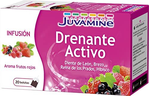 JUVAMINE - Infusión Drenante Activo - Sabor Frutos Rojos - 20 Bolsitas - Drenaje - Ayuda a la Eliminación de Toxinas - Diente de León - Brezo - Reina de los Prados - Hibisco