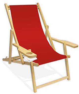 Promo Trade Holz-Liegestuhl mit Armlehne und Getränkehalter, Klappbar, Wechselbezug (Rot)