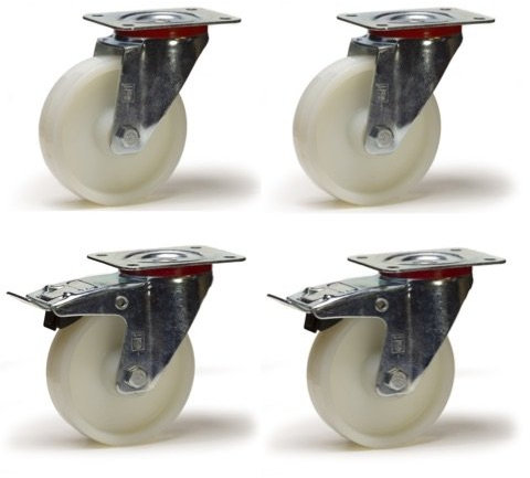 Lot de 4 roulettes pivotantes et pivotantes à frein polyamide blanc 100 mm - 600 Kg