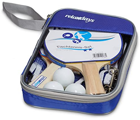 Relaxdays Tischtennis-Set Tasche, 2 Holzkellen, 3 Tischtennisbälle, Ping Pong Netz HxBxT: ca. 14 x 150 x 1,7 cm, blau, 1 Stück
