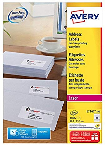 Avery Étiquettes Autocollantes Blanches, 1600 Pièces, L7162-100, 99,1 x 33,9 mm, Papier A4, Feuille A4, Pour Imprimantes Laser, Anti-Bourrage, FSC Certifiées, Pour adressage et expédition