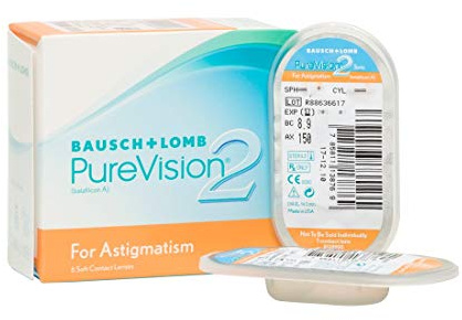 Bausch und Lomb PureVision2 for Astigmatism Monatslinsen, torische Kontaktlinsen, weich, 6 Stück BC 8.9 mm/DIA 14.5 / CYL -0.75 / Achse 10 / -8 Dioptrien