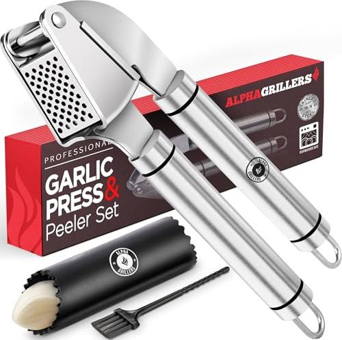 Alpha Grillers Garlic Press Stainless Steel - Easy to Clean, Rust-Proof, Dishwasher Safe - Stainless Steel Garlic Press, Mincer, Crusher with Silicone Peeler & Cleaning Brush