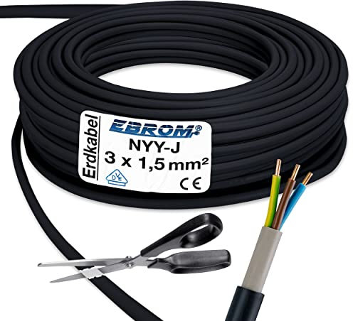 Cables de corriente de alta intensidad en – NYY-J 3 x 1,5 mm² – Plástico Subterráneo – 25 m/25 m/25 metros – Negro