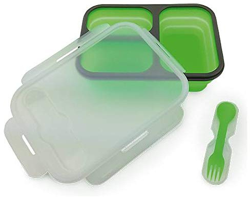 Camry CR6698 Faltbare Silikon-Behälter mit 3 Kammern und Besteck, Stoff, Grün, 25 x 18 x 4 cm, 1 Einheiten