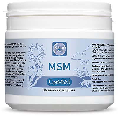 Kala Health OptiMSM MSM Pulver ohne Zusatzstoffe 250g - Methylsulfonylmethan Schwefelpulver 1.000 mg OptiMSM® MSM pro Portion, vegan, glutenfrei, lactosefrei, allergenfrei ohne jegliche Zusätze