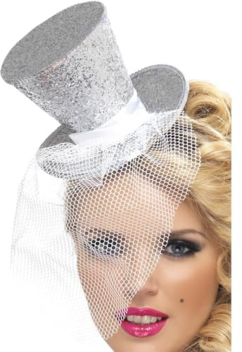 Fever Smiffys Kollektion, Mini-Zylinder auf Haarreifen, Silber, mit abnehmbarem Netz