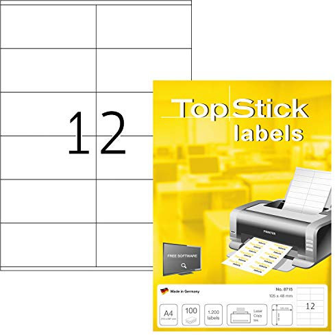 TopStick 8715 Universal Etiketten, 100 Blatt, 105 x 48 mm, 12 pro A4 Bogen, 1200 Stück, selbstklebend, bedruckbar, matt, blanko Papier Klebeetiketten Aufkleber, weiß