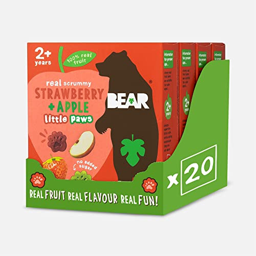 BEAR Jordgubbs- och äppeltassar - riktiga frukt- och grönsakssnacks - lämpliga för 12+ månader - hälsosamt mellanmål för småbarn - 20 g (20 förpackningar)