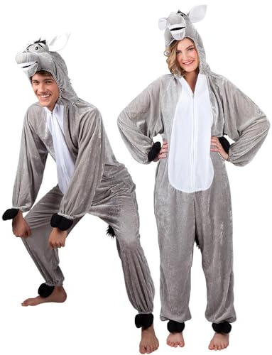 Boland - Disfraz de burro para adulto, mono de felpa con capucha, estampado animal, cierre frontal, granja, granjero, carnaval, fiesta temática