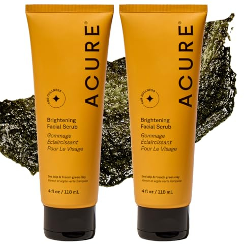 Acure Brightening Facial Scrub - Exfoliating Face Wash, Gentle Daily Scrubber & Exfoliator for Women & Men for Radiant Skin, Cleansing Wash with Sea Kelp & French Green Clay - 4 fl oz (2 Pack)