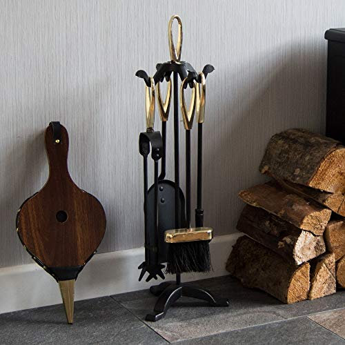 Fire Vida Buxton - Juego de Herramientas para Chimenea de 5 Piezas, Color Negro y latón con Soporte, Incluye póquer, Pinzas, Cepillo y Pala, Accesorios de Chimenea para quemadores de leña, hogueras y