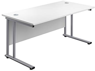 Office Hippo Heavy Duty Rectangular Cantilever Desk, Home Office Table, Integrated Cable Ports, PC Desk - 5 Yr Warranty, Silver Frame/White Top, 140cm x 80cm