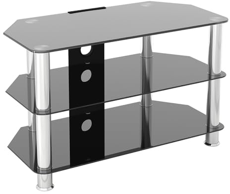 AVF Black Glass TV Stand - Black Glass & Chrome Metal Leg TV Unit Floorstand with Cable Management, 80cm Wide, For TVs Up to 43 & 40kg - SDC800CM