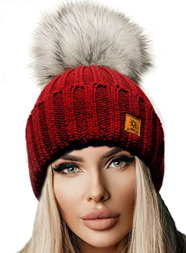 4sold Damen Winter Strickmütze – warme Beanie mit Kunstfell-Bommel – handgefertigt in Polen, italienisches Acryl, weich & atmungsaktiv, viele Farben, One Size