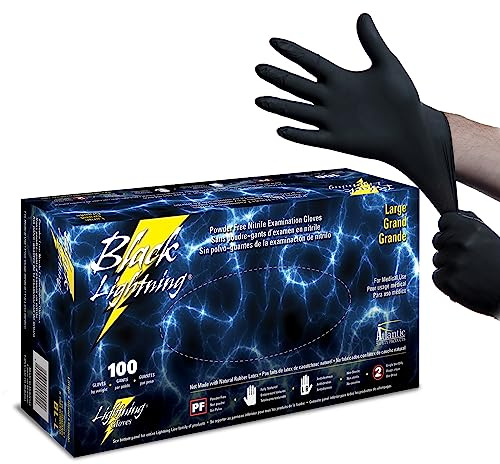 Black Lightning Nitrile Gloves 6 Mil, Disposable Powder-Free Exam & Work Gloves, Heavy Duty Chemical Resistant, Food Safe, Medical & Mechanic Gloves, Black, Large, 100 Count