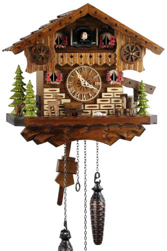 Eble, 21448, orologio a cucù, in vero legno, alimentato a batterie, movimento al quarzo, suona il richiamo del cuculo, a forma di casa della Foresta Nera, 35 cm