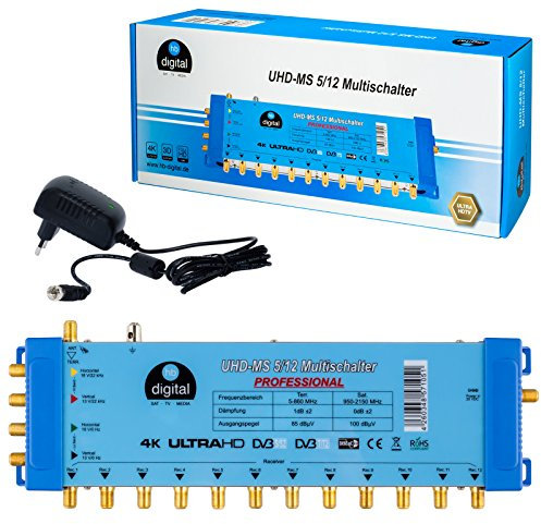 hb-digital 5/12 Multischalter mit externem Netzteil für 12 Teilnehmer und 1 Satellit – nur für Quattro LNB geeignet UHD 4K Full HD DVB-S/S2 – terrestrischer Eingang – vergoldete F-Anschlüsse