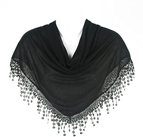Hat To Socks Women’s Triangle Scarf - Elegant Shawl with Bobbin Lace Fringe (Black)