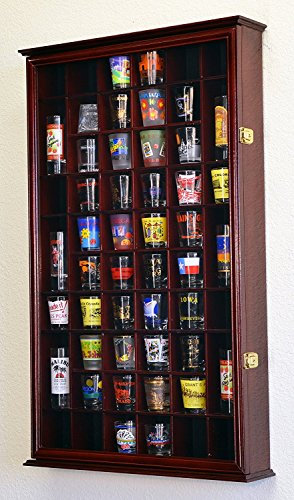 54 Shot Glass Shooter Display Case Holder Cabinet Wall Rack w/ UV Protection -Cherry
