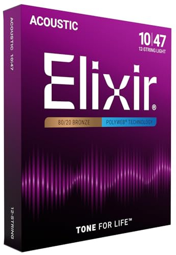 Elixir Strings, Acoustic Guitar Strings, 80/20 Bronze with POLYWEB Technology, Longest-Lasting Warm Tone with Comfortable Feel, 12 String Set, Light 10-47