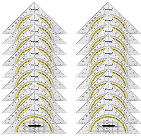 Westcott E-10134 00-I Geometriedreieck Kunststoff mit abnehmbarem Griff, 22 cm, 20 Stück, transparent