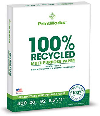 PrintWorks 100% Recycled Printer Paper 8.5 x 11 White - 20 lb Copy & Multipurpose Computer Paper - 1 Pack, 400 Sheets - Made in The USA - 92 Bright - Printer & Copier Compatible (00018)