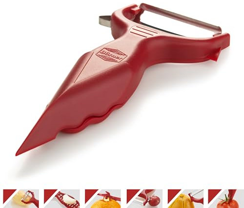 Börner Pelaverdure (6-in-1) • Pelapatate con Grattugia • Pelapatate Multifunzionale per Frutta & Verdura • Sbucciatore Universale ideale per Patate, Frutta, ecc. • Colore: Rosso