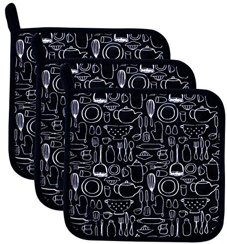 100% Baumwolle Küche Everyday Basic Topflappen hitzebeständig Untersetzer Topflappen für Kochen und Backen 20cmx20cm Set of 3 Schwarz