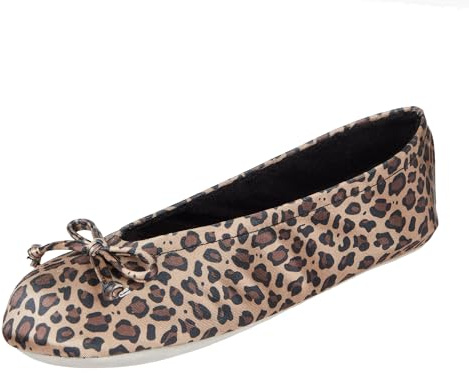 Isotoner Women's Satin Ballerina Slippers with Soft Tie Bow and Suede Sole, Cheetah, 8-9