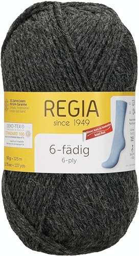 REGIA 6-fädig Uni 9801280-00522 anthrazit streaked Handstrickgarn, Sockengarn, 50g Knäuel