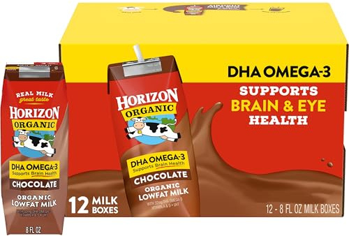 Horizon Organic Shelf Stable 1% Lowfat DHA Omega-3 Chocolate Milk Boxes, 8 fl oz, 12 Count - 8g Protein per Serving, USDA Organic UHT from Pasture-Raised Cows, Ready to Drink for Lunchbox, Travel, or On-the-Go, No Refrigeration Needed