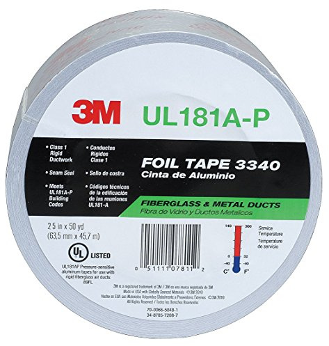 3M Aluminum Foil Tape 3340, 2.5 x 50 yd, 4.0 mil, Silver, HVAC, Sealing and Patching Hot and Cold Air Ducts, Fiberglass Duct Board, Insulation, Metal Repair