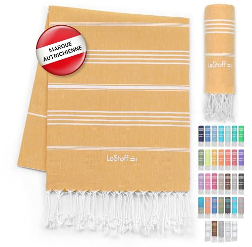 LeStoff Panno per hammam di alta qualità, versatile, sostenibile, assorbente e ad asciugatura rapida, 100% cotone biologico, spiaggia, bagno, doccia, yoga, spa e viaggio (95 x 180 cm, giallo)