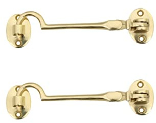 Renovators Supply Solid Brass Swivel Pivot Style Cabin Eyelet Latches 4 Long Heavy Hooks for Cabinet Window Kitchen Closet Sliding Door Barn or Fence Gate Hardware Locks with Mounting Screws 2 Set