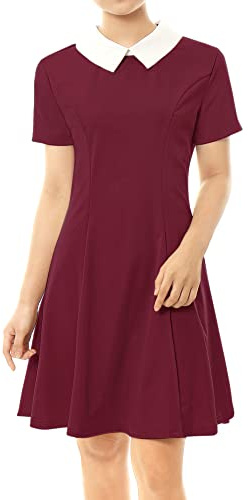 Allegra K Disfraz de Hollywood Casual para Mujer, Cuello Peter Pan, Mangas Cortas, Vestido De Punto Acampanado por Encima De La Rodilla Borgoña S