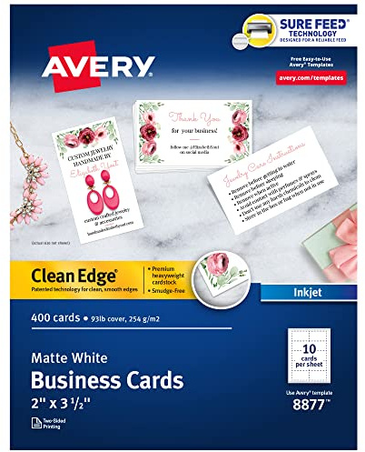 Avery Clean Edge Printable Business Cards with Sure Feed Technology, 2 x 3.5, White, 400 Blank Cards for Inkjet Printers (08877)