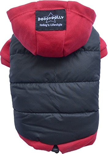 Doggy Dolly W110 Hundejacke Wasserabweisend mit Kapuze, schwarz/rot, Wintermantel / Winterjacke, Größe : XS