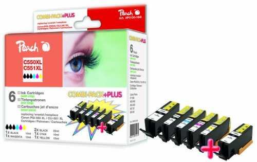 Peach C550/551/555 Spar Pack Plus Druckerpatronen XL (2xBK, PBK, C, M, Y) ersetzt Canon PGI-550XL*2, CLI-551XL für z.B. Canon Pixma IP 7250, Canon Pixma MX 925, Canon Pixma IP 7200