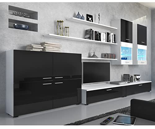 Skraut Home | Ensemble de Meubles Salon TV | unité Murale | Salle à Manger | Ensemble de séjour | ilumination LED | Couleur Noir laqué et Blanc Mate | 300x189x42cm