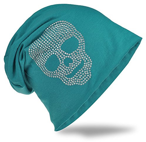 Jersey slouch beanie lång mössa med dödskalle strass applikation unisex enfärgad män kvinnor trend, bensin, One size