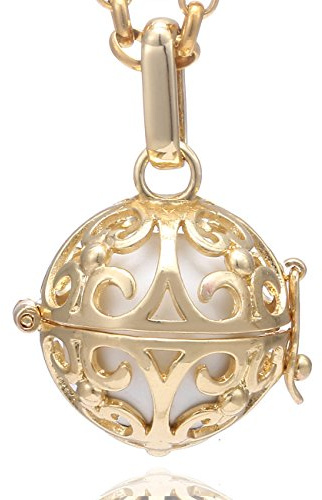 Morella Collar de Acero Inoxidable Dorado 70 cm con Colgante Dorado Ornamento y Bola de resonancia de Color Blanco Ø 16 mm para Damas en Bolsa para Joyas