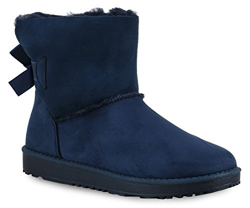 Warm Gefütterte Boots Damen Stiefeletten Schleifen Kunstfell Schlupfstiefel Schlupfstiefeletten Schuhe 129636 Dunkelblau Schleife 40 Flandell