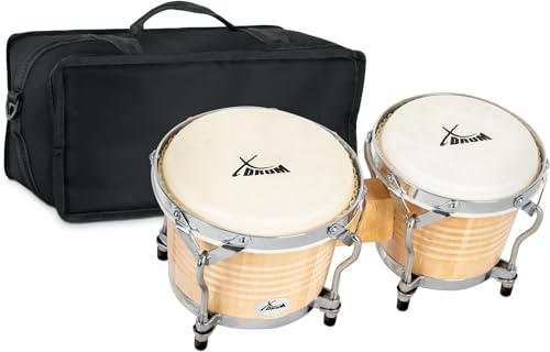 XDrum Bongos Pro Nature - 2 Tambours de 6,5 (17 cm) et 7,5 (20 cm) de diamètre - Bongos avec peaux naturelles accordables, clé d’accord et housse - Tambours en bois couleur naturelle