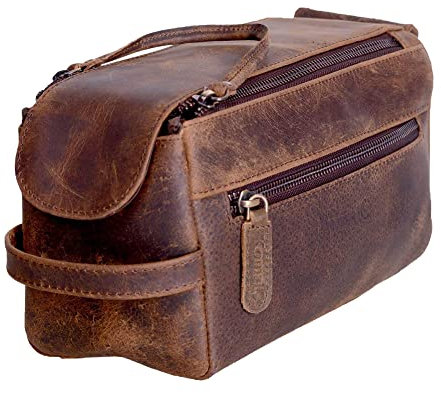 KomalC Reise-Kulturbeutel aus hochwertigem Büffelleder für Damen und Herren, Antik Braun, 9.3x5x4.3 Inch (Pack of 1), Dopp Reise-Kulturbeutel