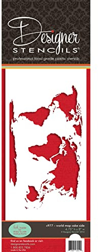 World Map Cake Stencil by Designer Stencils, Beige/semi-transparent, 4.75 x 8