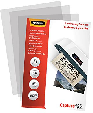 Fellowes matte Laminierfolien A4, entspiegelt, 125 Mikron (2 x 125mic), 100 Stück