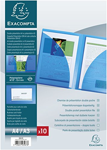 Exacompta 3967E 10er Pack Präsentationshülle aus starkem Kunststoff für DIN A4 mit doppelter Innentasche und Visitenkartenhalter glasklar ideal für Büro und Schule Aktenhülle