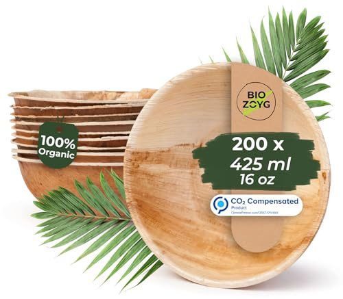 BIOZOYG 200x ciotola in foglia di palma 425 ml - Piatto da zuppa usa e getta, ciotola per insalata compostabile - Stoviglie da festa sostenibili